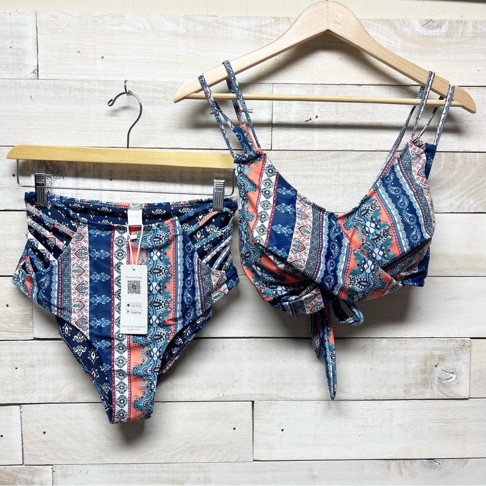 Cupshe Bikini‎ Set Womens Medium Blue Red Cross Front Top High Waist Bottom New - Picture 3 of 14
